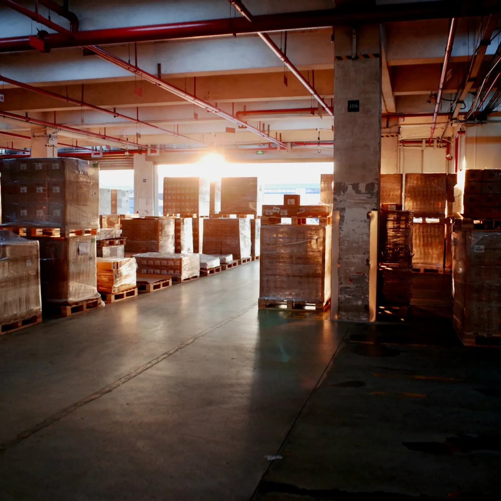 Magazijn met pallets in rijen, van vloer tot plafond.